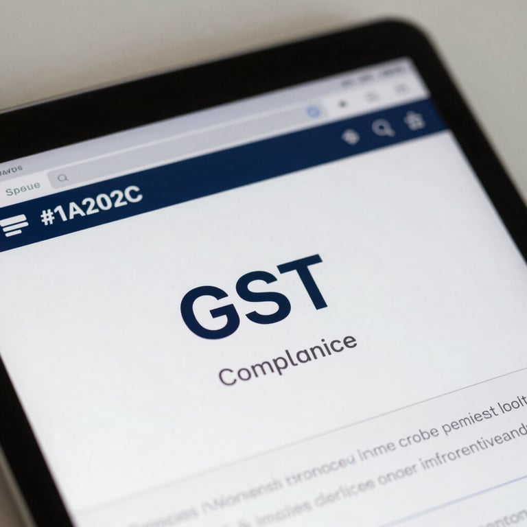 Close-up of a high-end tablet screen showing a simplified GST compliance interface with brand colors #1A202C.