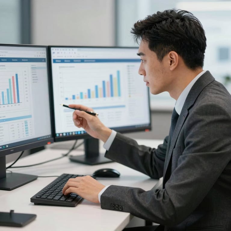 A consultant in a sharp charcoal suit analyzing financial data on a dual-monitor setup with high-tech accents.