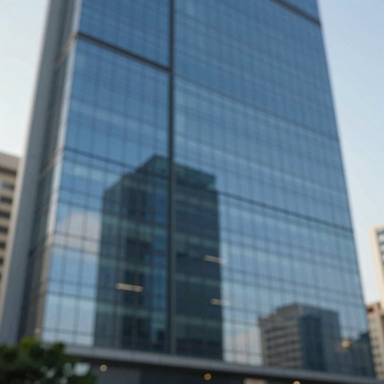 Abstract architectural shot of a modern Indian corporate office reflecting blue sky and professional reliability.
