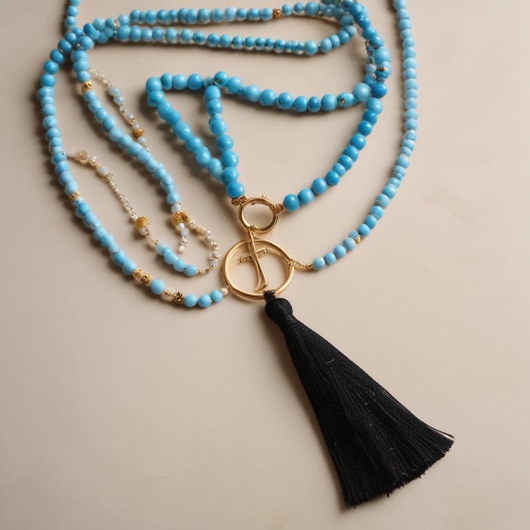 A close-up of a natural stone necklace.