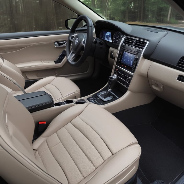 Several car care products, including bottles of wax and detailing spray, are placed on a soft cloth in a garage setting. A red tool chest stands in the background, slightly out of focus, against a backdrop of shelves and storage areas. The products feature prominent labels and branding.