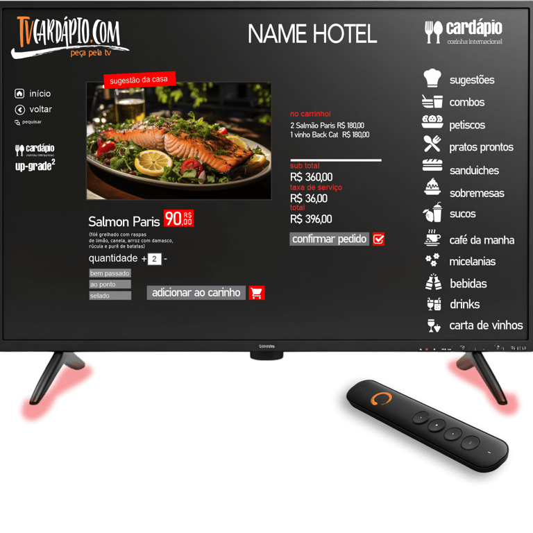 Tela de TV exibindo cardápio digital de hotel com prato Salmão Paris e controle remoto — TV Cardápio