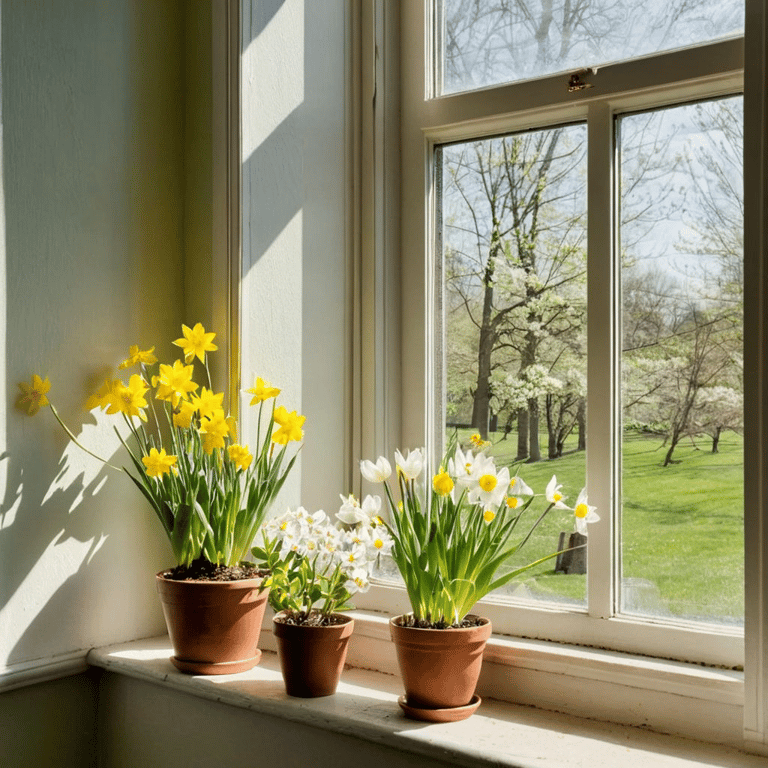 Vivid spring view through a clean window: greenery and tulips. Inspiring spring cleaning vibes!