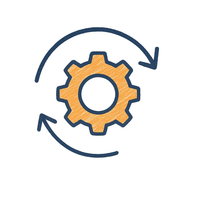 Hand-drawn cog with arrows icon symbolizing performance review and strategy support in structural services