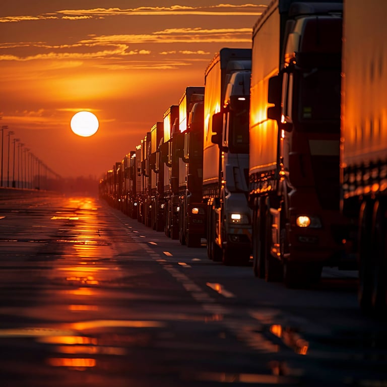 a long line of trucks parked on the side of a road
