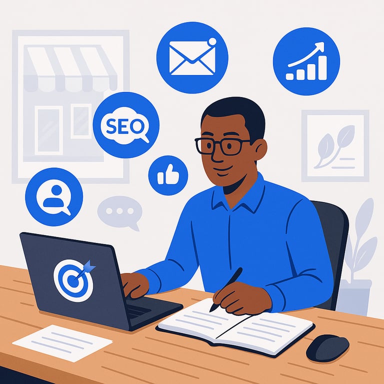 Illustration d’un consultant lisant et partageant des articles en marketing digital