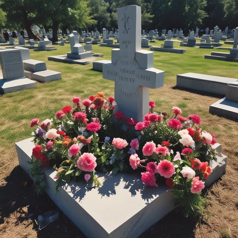 A peaceful graveyard scene with various tombstones scattered across a grassy area. A stone building with a sloped roof is partially visible on the left. A large tree provides shade in the foreground, casting shadows on the grass and pathway. In the background, more trees and houses with pitched roofs can be seen against a clear blue sky.
