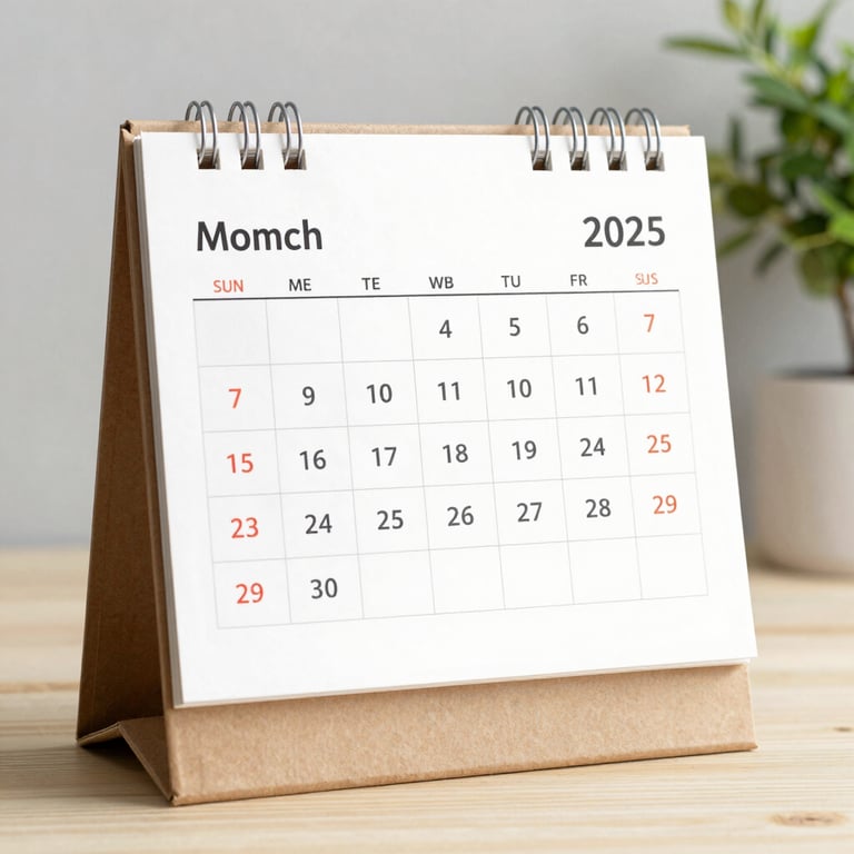 Spiral bound 2025 desk calendar on a wooden table for planning and organization.