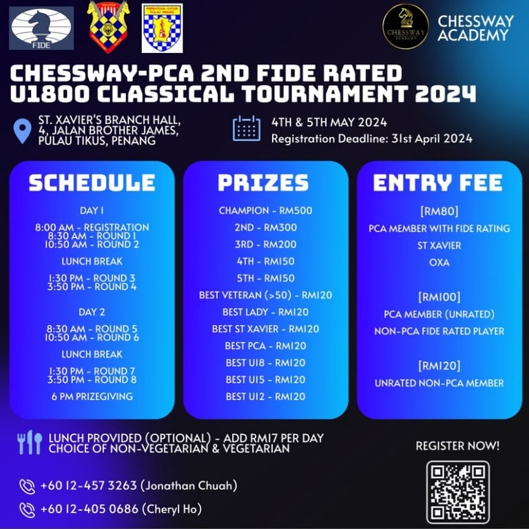 Chessway-PCA Penang Chess Malaysia 2nd FIDE Rated U1800 Classical Tournament 2024 Catur Malaysia