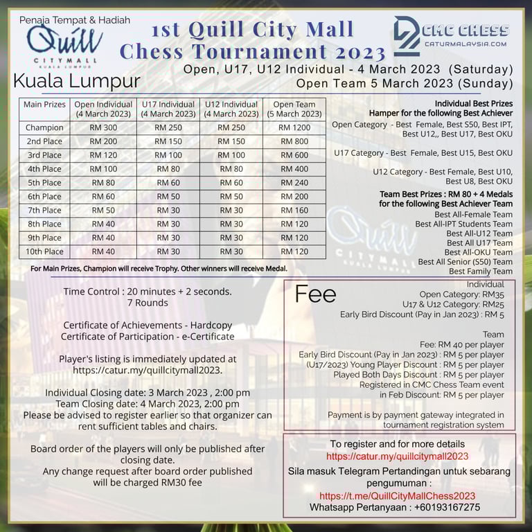 1st Quill City Mall Chess Tournament 2023. Kuala Lumpur Chess Malaysia. Catur Malaysia