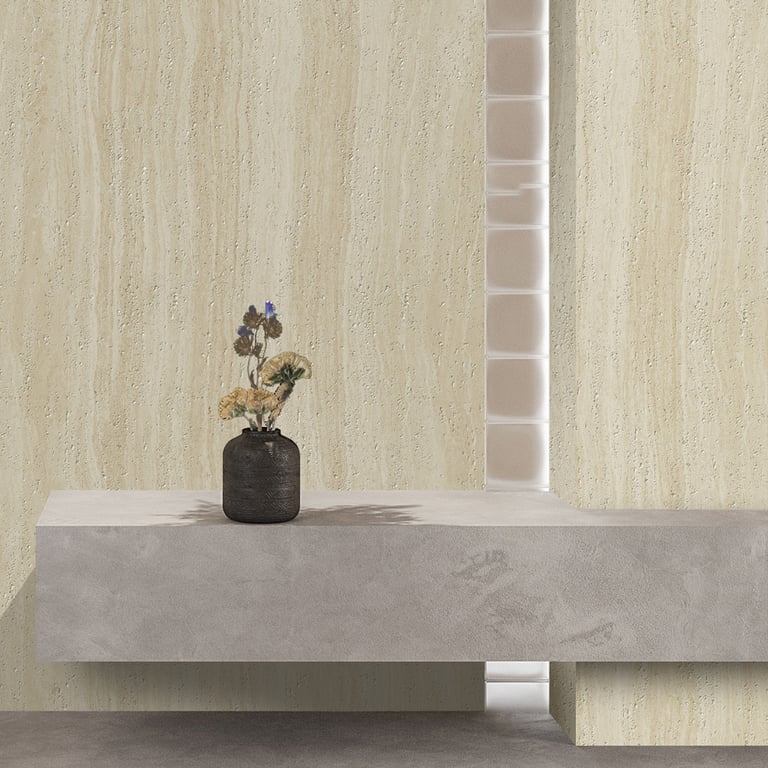 Maya Travertine flexible stone panel elegantly applied in a modern office lobby