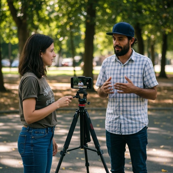 Photo of a young woman interviewing a man with her smartphone.