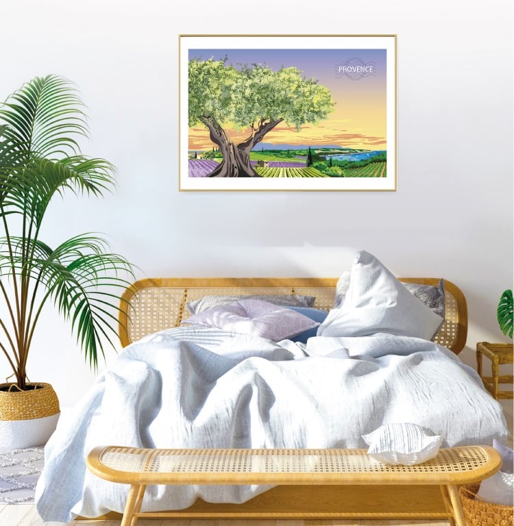 Affiche d'un panorama de Provence exposé au dessus d'un lit.