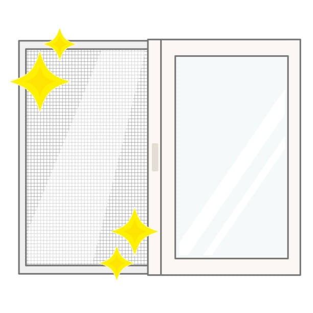 a window with a window screen and a starfish