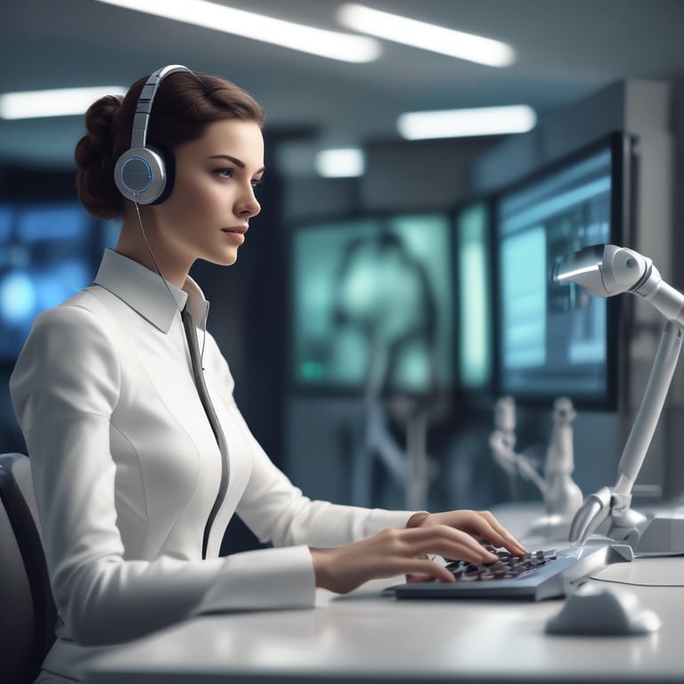 A modern office setting with professionals collaborating over digital devices and AI interfaces.