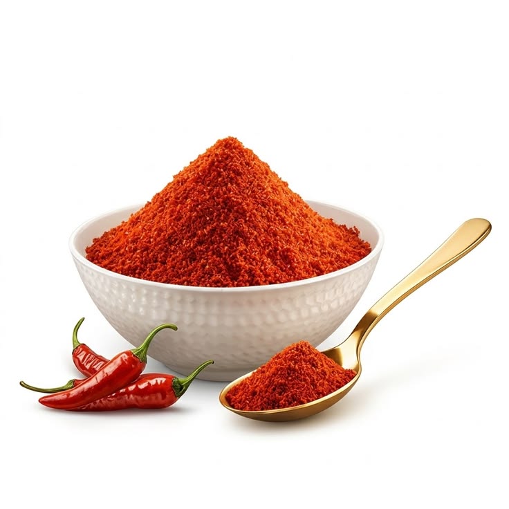 Red chili powder in a white bowl with a gold spoon and fresh red peppers on a white background.