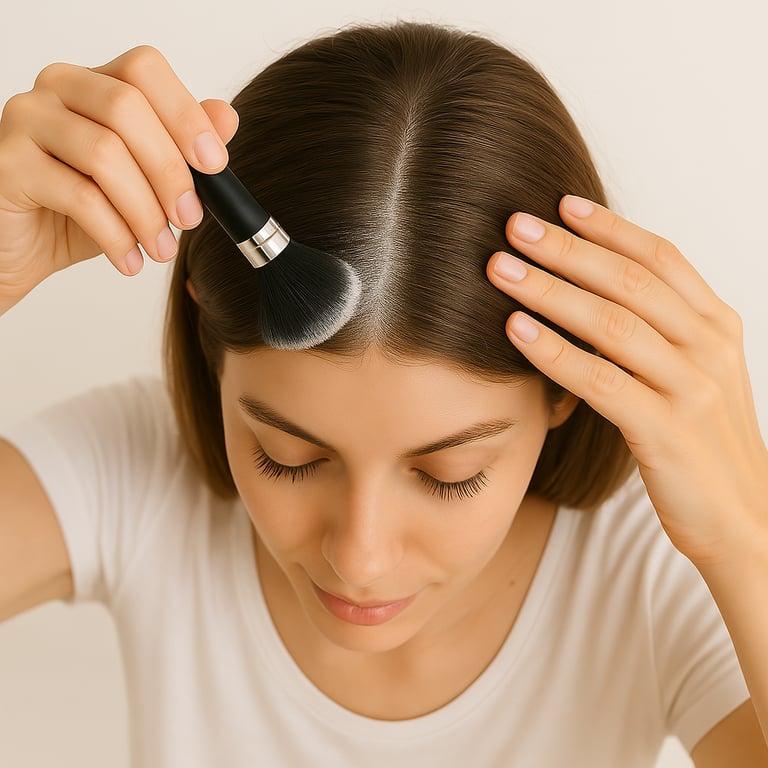 A lady dusting dry shampoo on her hair using a kabuki brush 