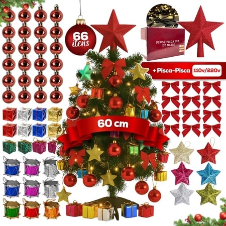 Árvore de Natal pequena com decoração completa e estrela no topo