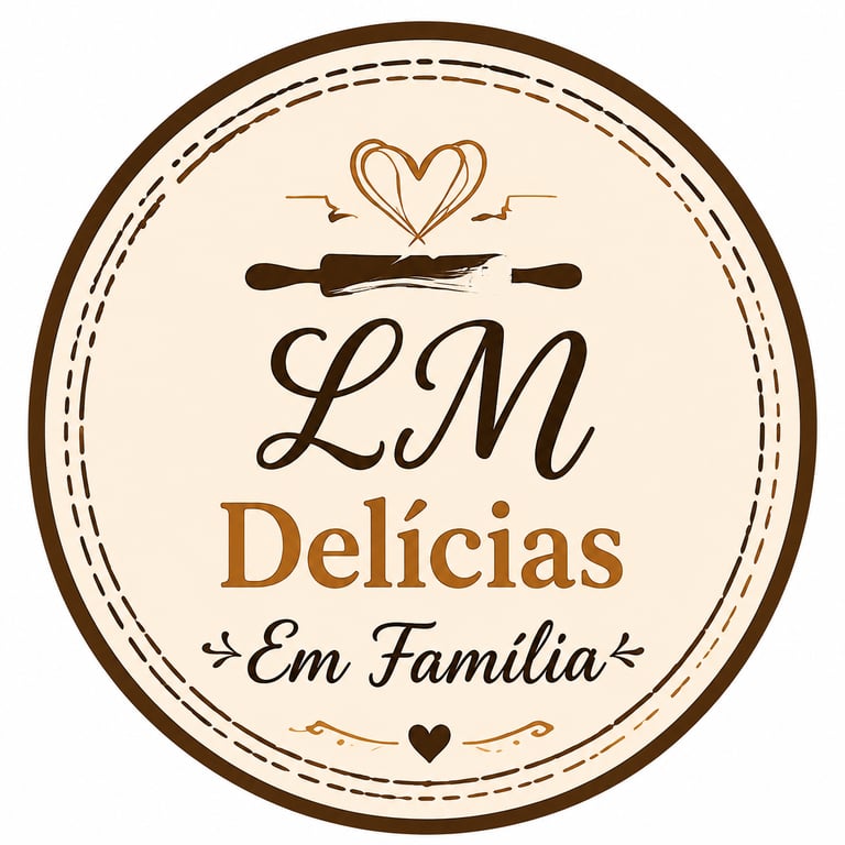 Round bakery logo for LM Delícias Em Família featuring a rolling pin and heart illustration.