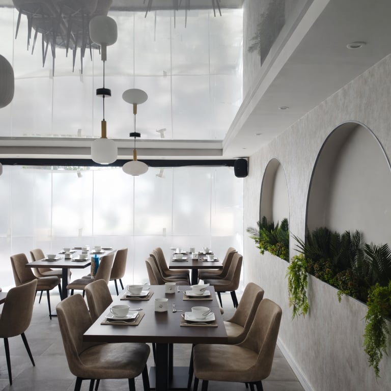 Techo tensado blanco lacado con iluminación LED RGBW en restaurante en Gandía