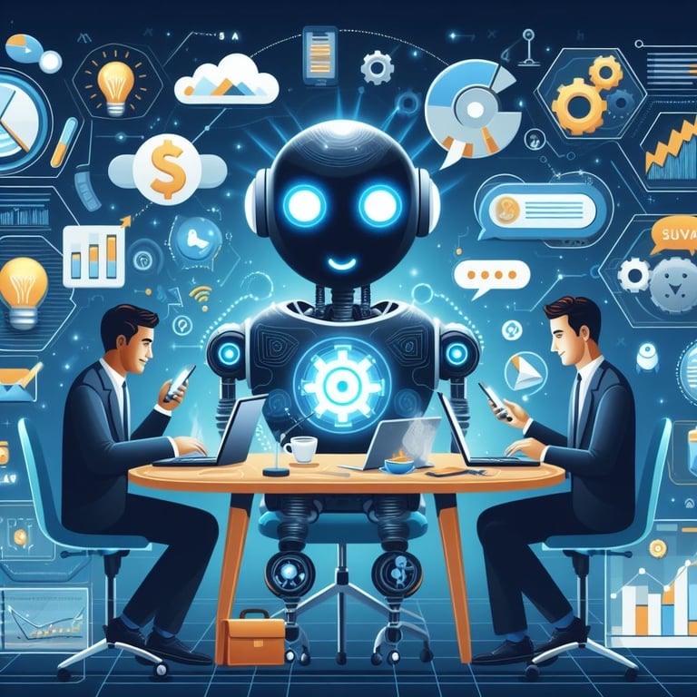 a robot - like robot sitting at a table with a man in a suit