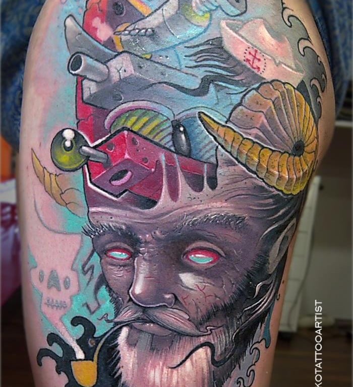 tatuaje d marinero con pipa y maquina de tatuar