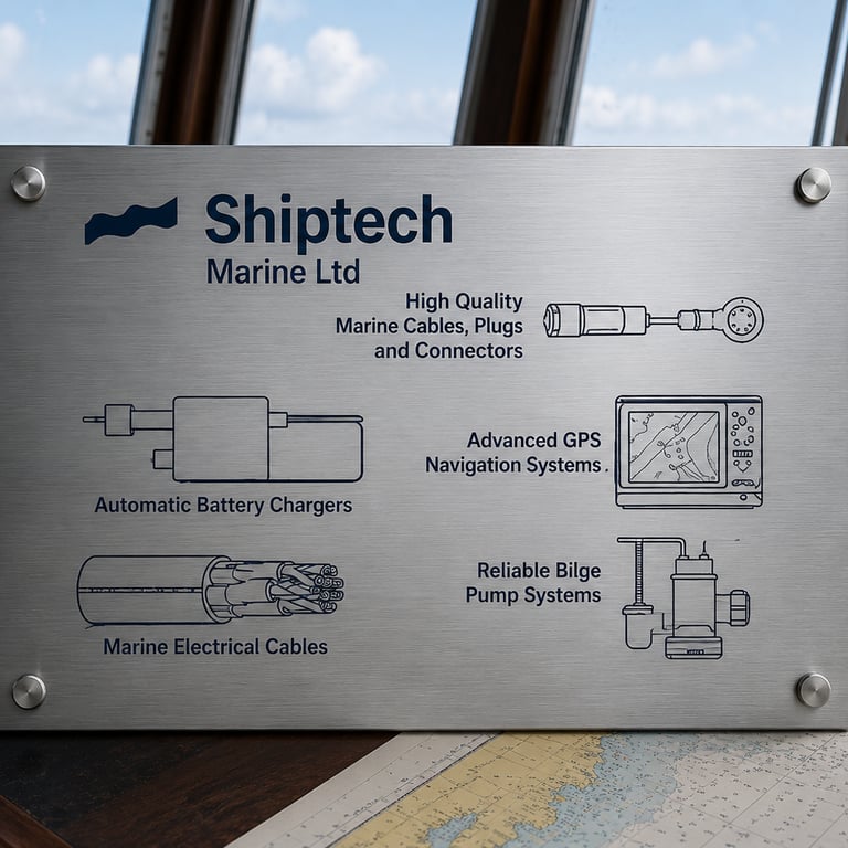 A Shiptech Marine Ltd sign showcasing marine electrical cables, GPS navigation, and battery chargers on a ship.