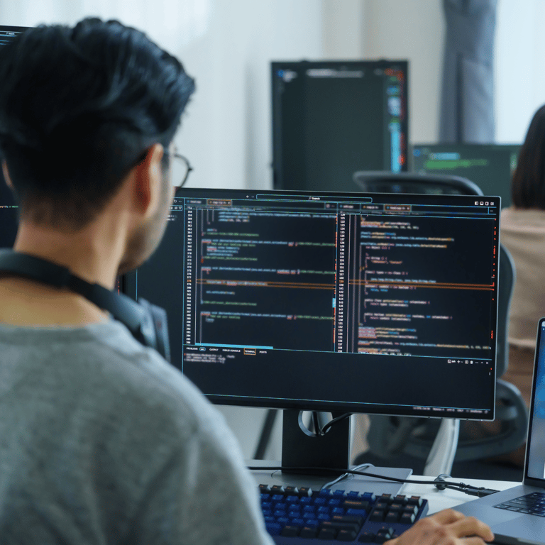 A software developer writing code in languages like Java, Python, and JavaScript.