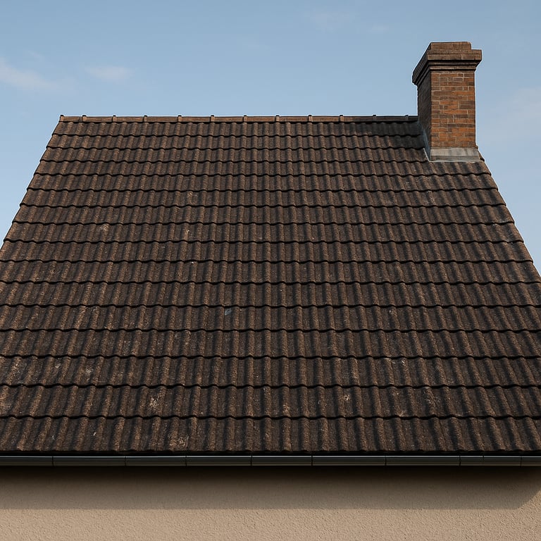Toiture en tuiles rouges avec cheminée avant nettoyage