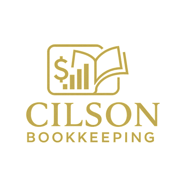 Gold Cilson Bookkeeping logo featuring a bar chart, dollar sign, and open book