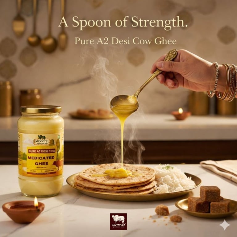 “Gavyaveda A2 Ghee is crafted using the traditional bilona method from pure desi cow milk, preservin