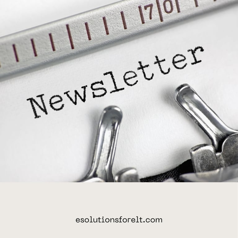 Close-up of a typewriter typing the word “Newsletter” on white paper, with the website address esolutionsforelt.com displayed