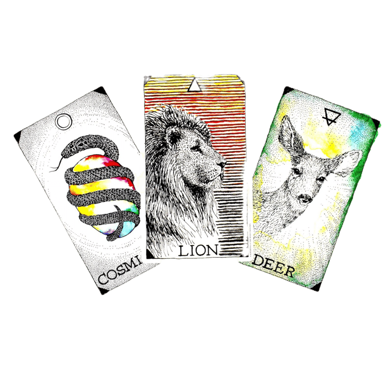 three different colored spirituals cards with a picture of a lion, deer, serpent