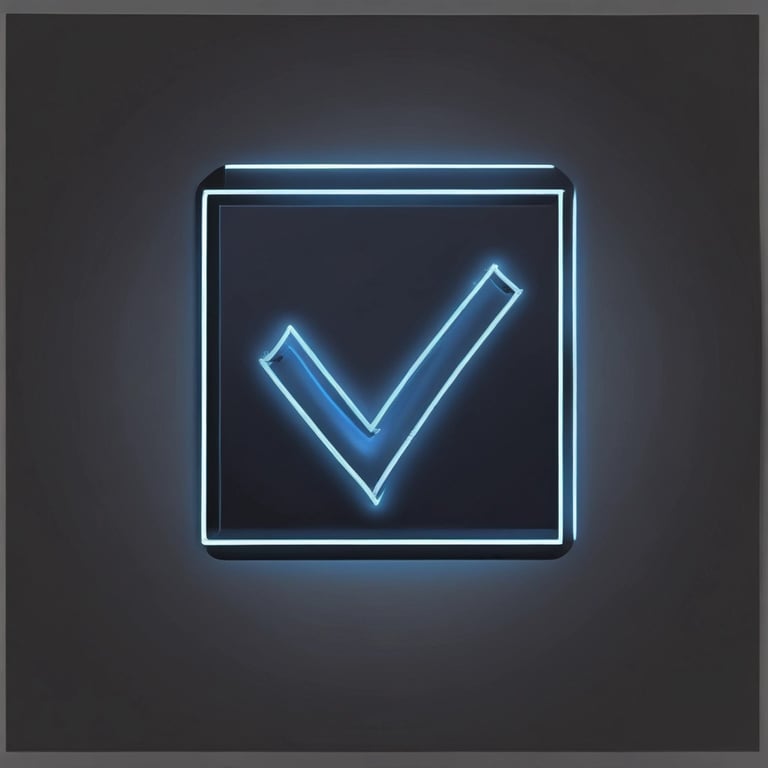 Glowing white neon check mark icon inside a square box on a black background.