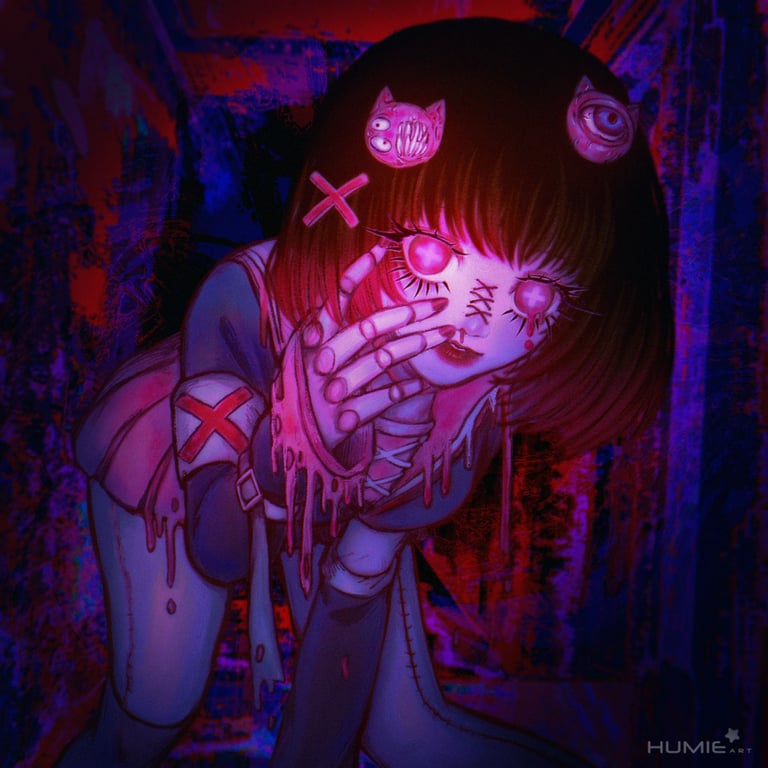 A stitched zombie in the dark red alley, part of her clothes and eye are melting away.