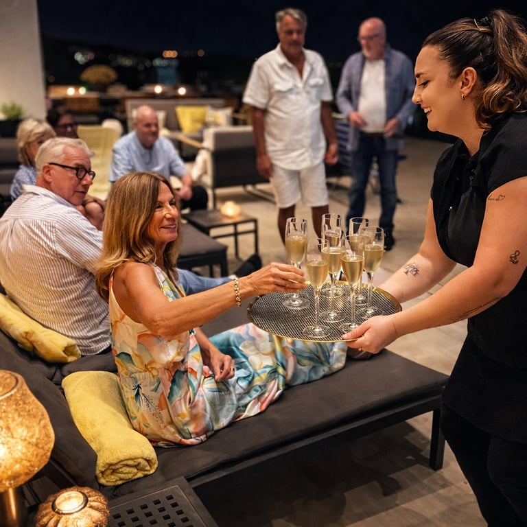 Momento distendido de clientes durante una cena privada en casa