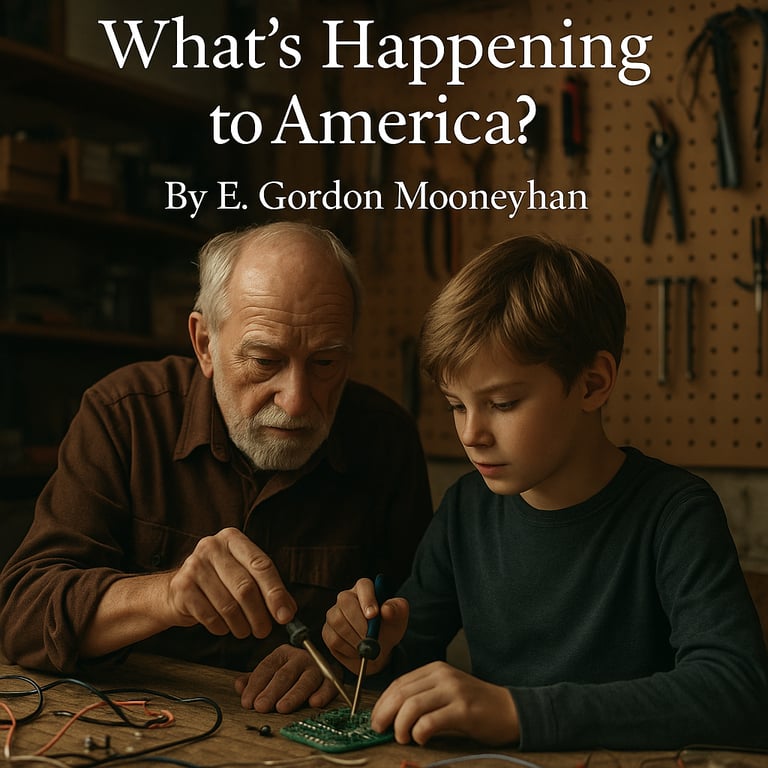 man helps a boy solder a circuit board in a workshop - What’s Happening to America?