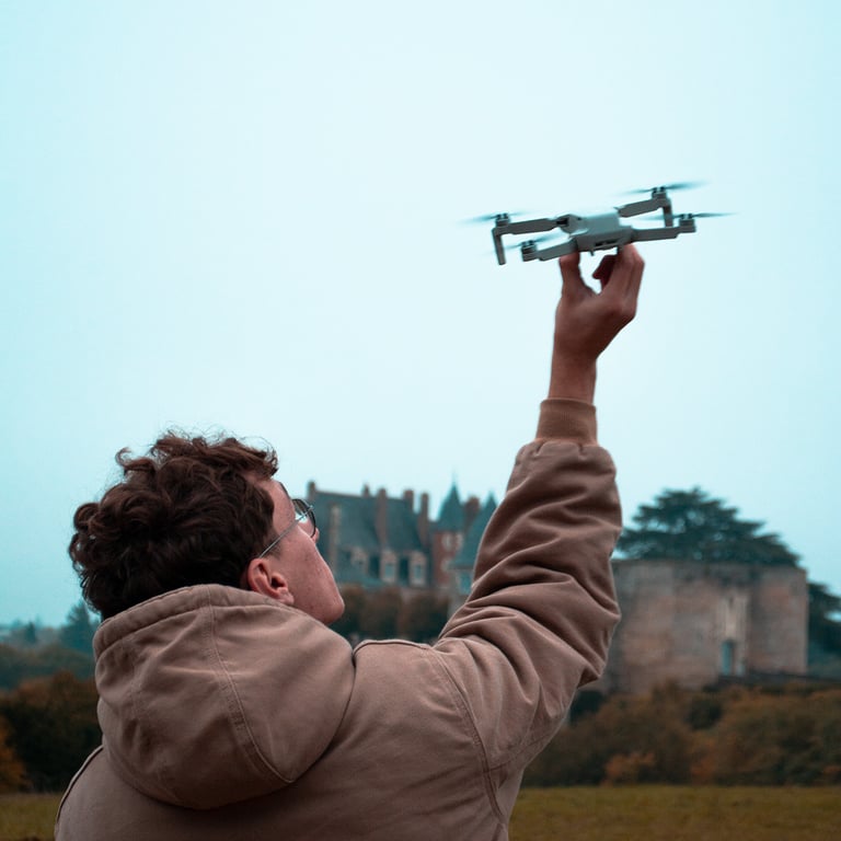 Photographie d'un technicien pilotant un drone devant un château de Luynes