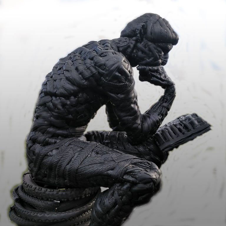 Sculpture based on Rodin's 'The Thinker'. made from recycled bicycle tyres over a steel frame.