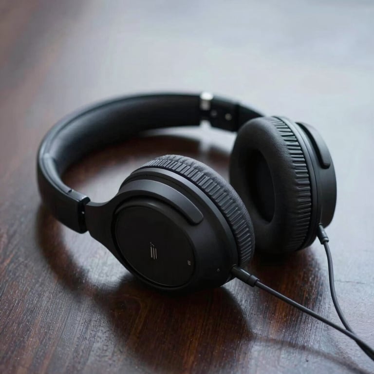 A pair of premium black headphones resting on a dark wood surface with a subtle Sky Mist reflection.