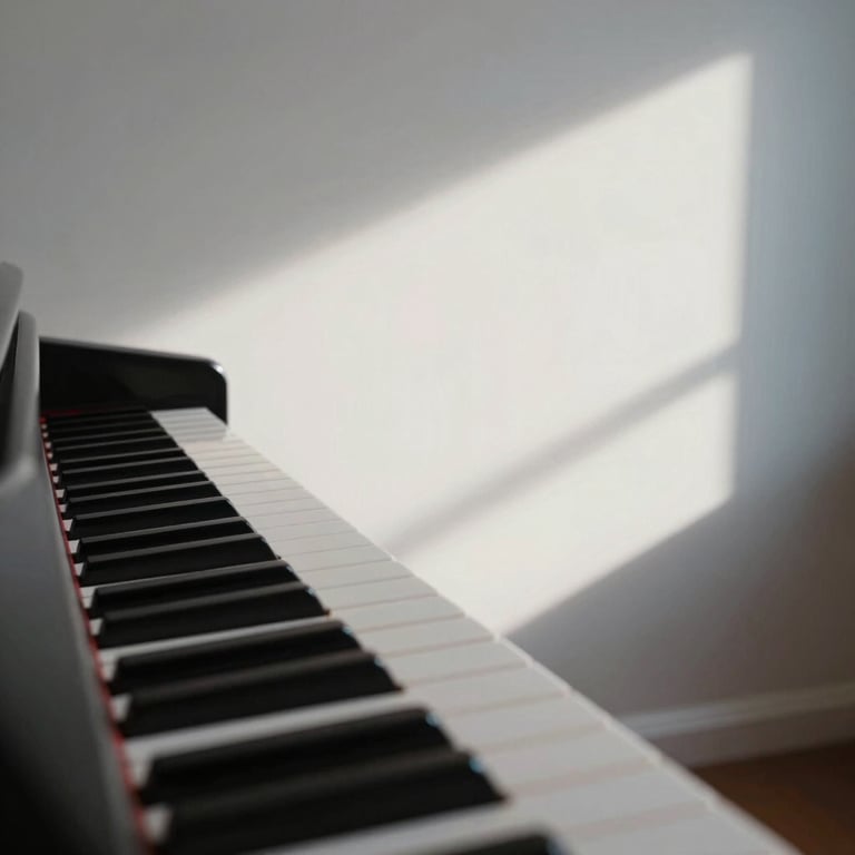 Softly lit piano keys in a room with Pearl White walls and Slate Blue shadows.