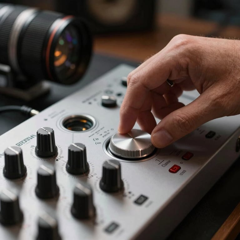 A musician's hand adjusting a silver dial on a high-end audio interface in a professional studio.