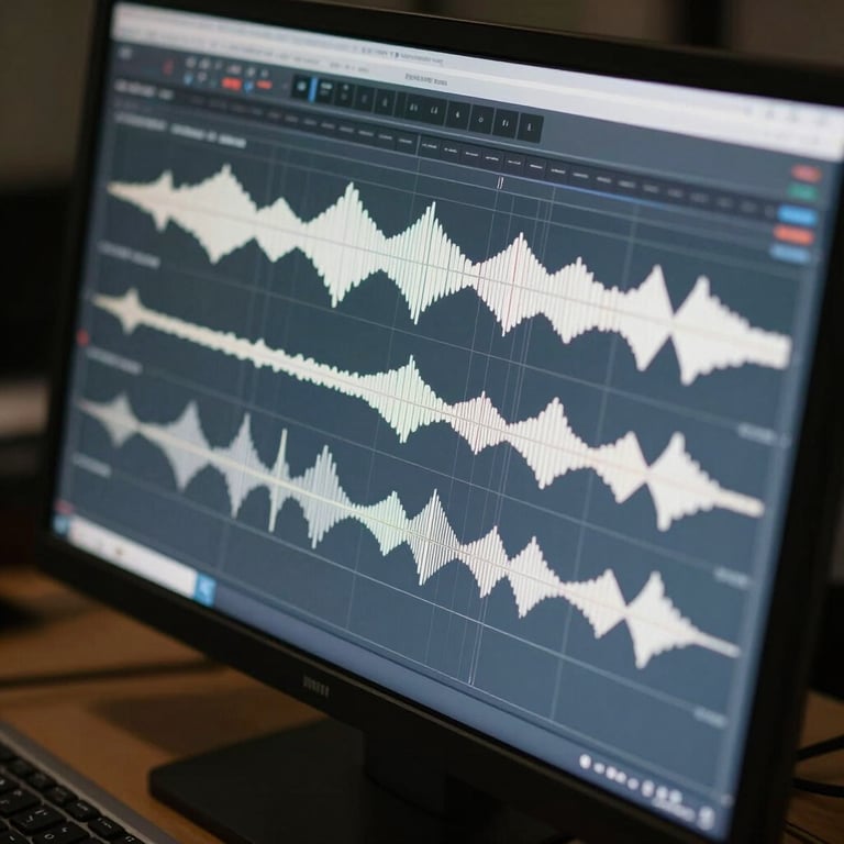 A digital audio workstation screen showing complex sound waves in shades of Slate Blue and Pearl White.