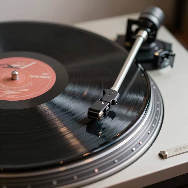 Macro shot of a vinyl record spinning on a high-fidelity turntable, sophisticated lighting.