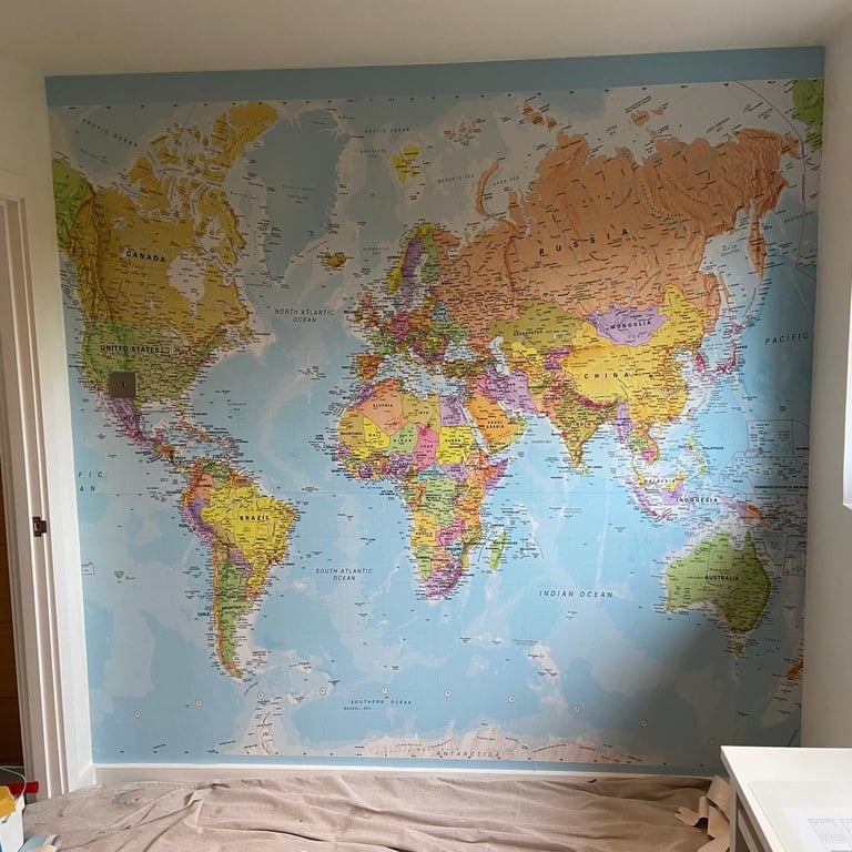 Large world map wall mural in Portslade Sussex, educational decorative feature wall