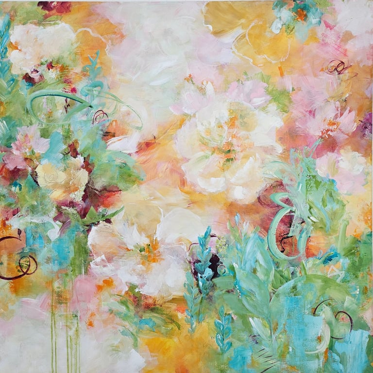 Abstract floral acrylics painting with soft pastel peonies, green leaves, and vibrant brushstrokes.