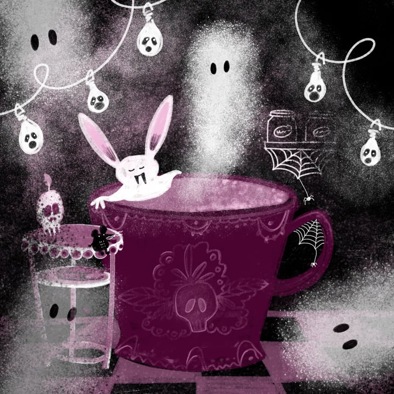 Eine entspannte Fledermaus, die in einer Tasse badet. Es ist halloween und das ,icht flackert