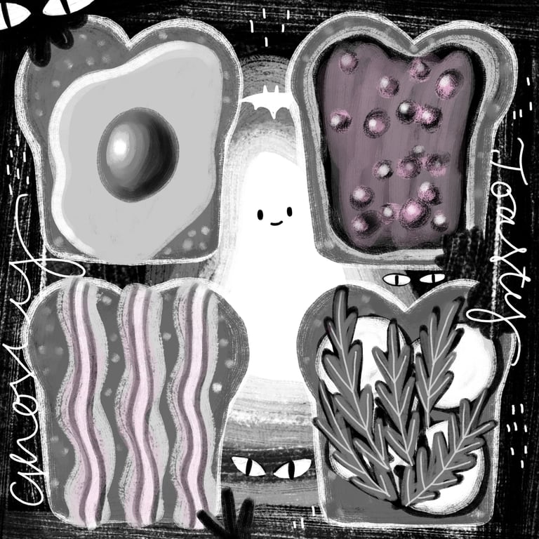 Digitale Bilderbuchillustration Halloween Rezeptillustration Toast und verschiedene Toppings und ein Geist