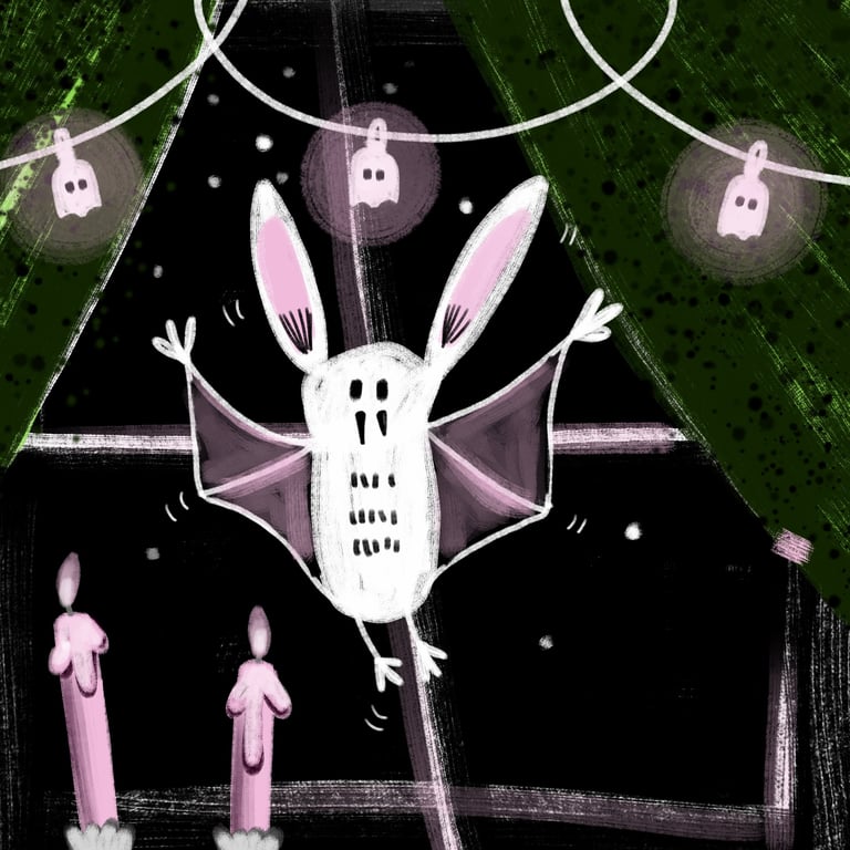 Fröhliche Fledermaus fliegt vor dem Fenster, bei Kerzenlicht