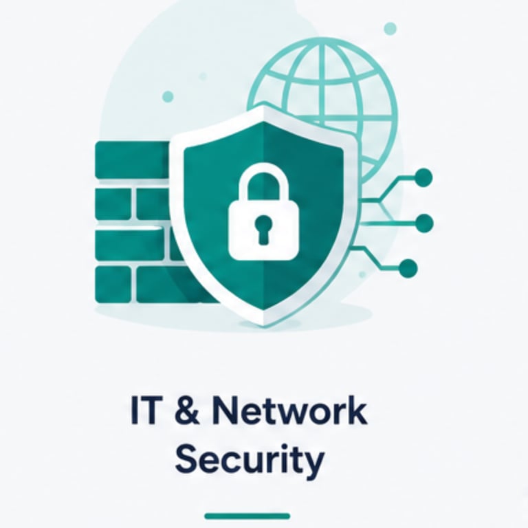 MI Info IT and network security illustration featuring a digital shield, padlock, and firewall icon.